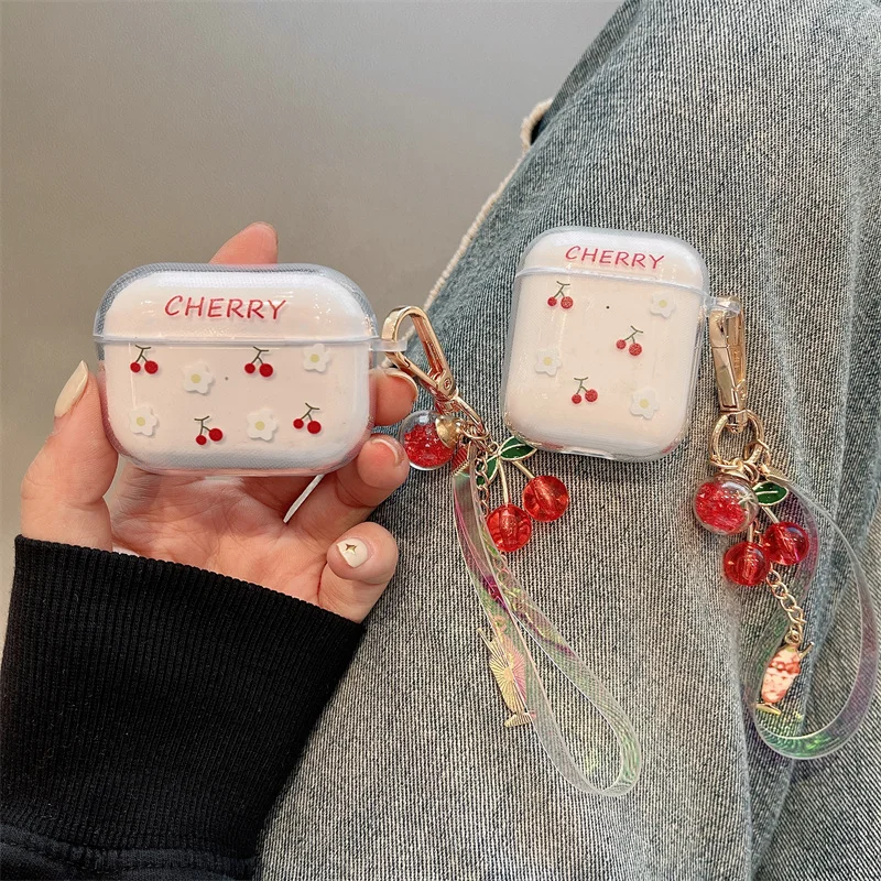 Ins lindo llavero de cereza para Apple AirPods 4 funda para auriculares inalámbricos Bluetooth para AirPods 3 Pro 2 funda suave para caja de auriculares