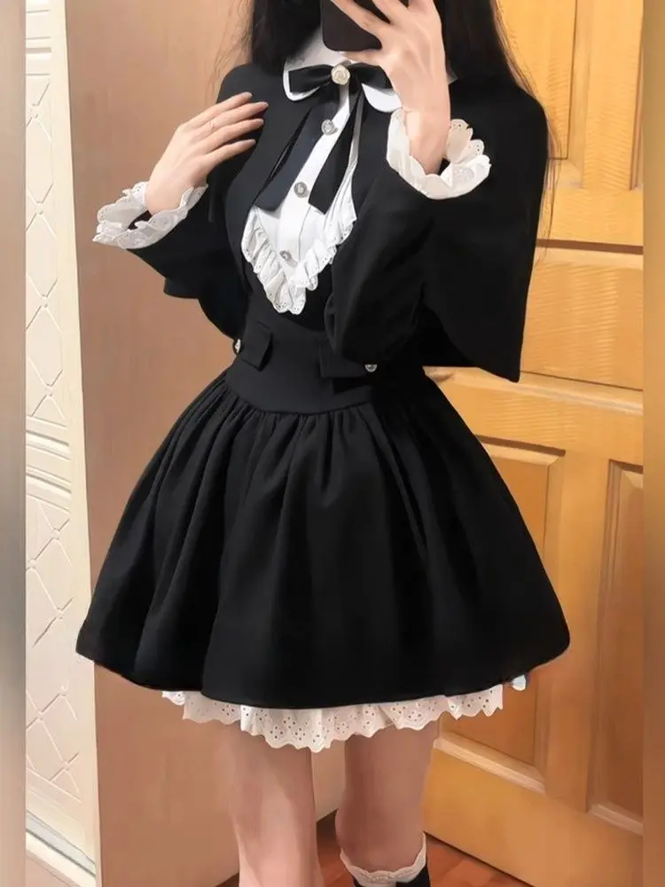 

Корейское модное платье в стиле Лолиты, женское готическое плащ Y2k, пальто, кружевное лоскутное платье с длинными рукавами, винтажное элегантное вечернее мини-платье