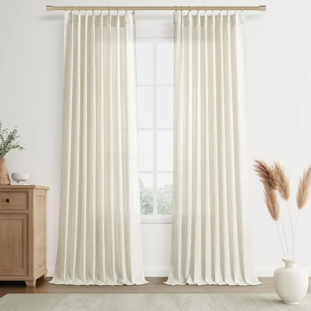 

W50 x L120 linen pleated blackout beige curtain with hook back panel, 2 panels, suitable for bedroom and living room decoration