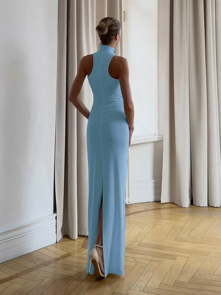 Weird Puss Backless Dress Women Elegant Summer Trend Halter Solid Folds Metal Knots Sleeveless Sexy Slim Banquet Party Bodycon