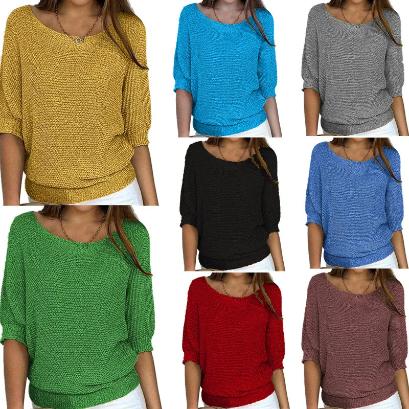 

2025 Spring New European American Women's Solid Color Sweater Round Neck 3/4 Sleeve Office Elegant Cardigan Casual Commute Top