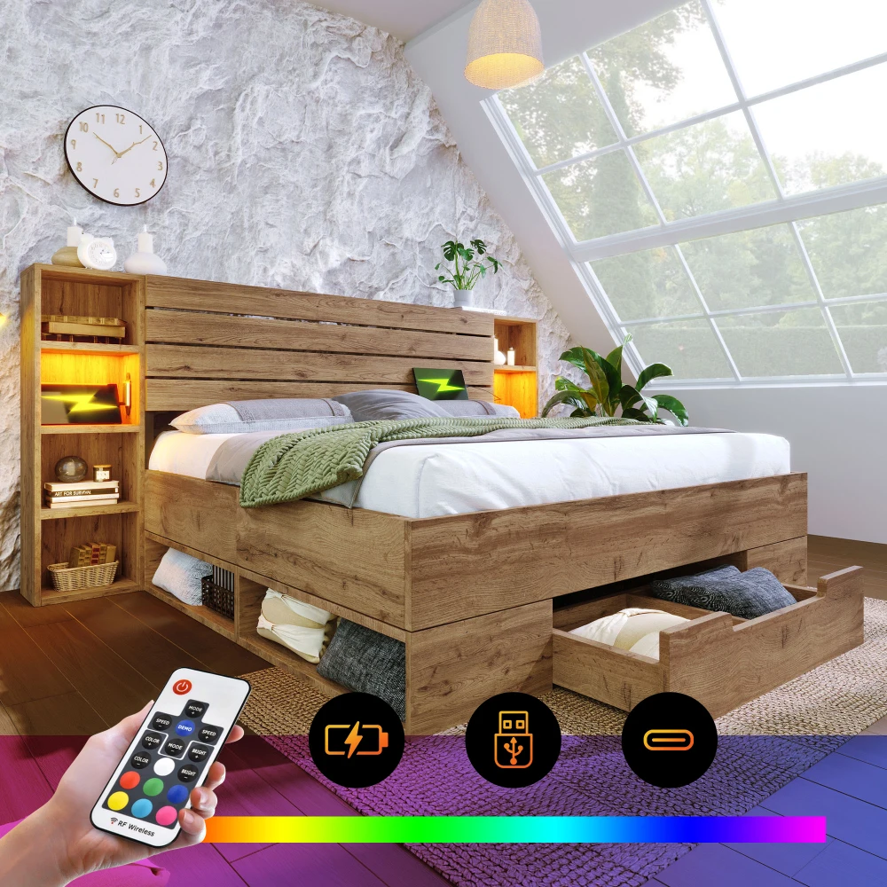 Lit en bois massif, lit de rangement avec éclairage LED et tête de lit avec rangement USB-C et tiroirs, chêne (sans matelas)
