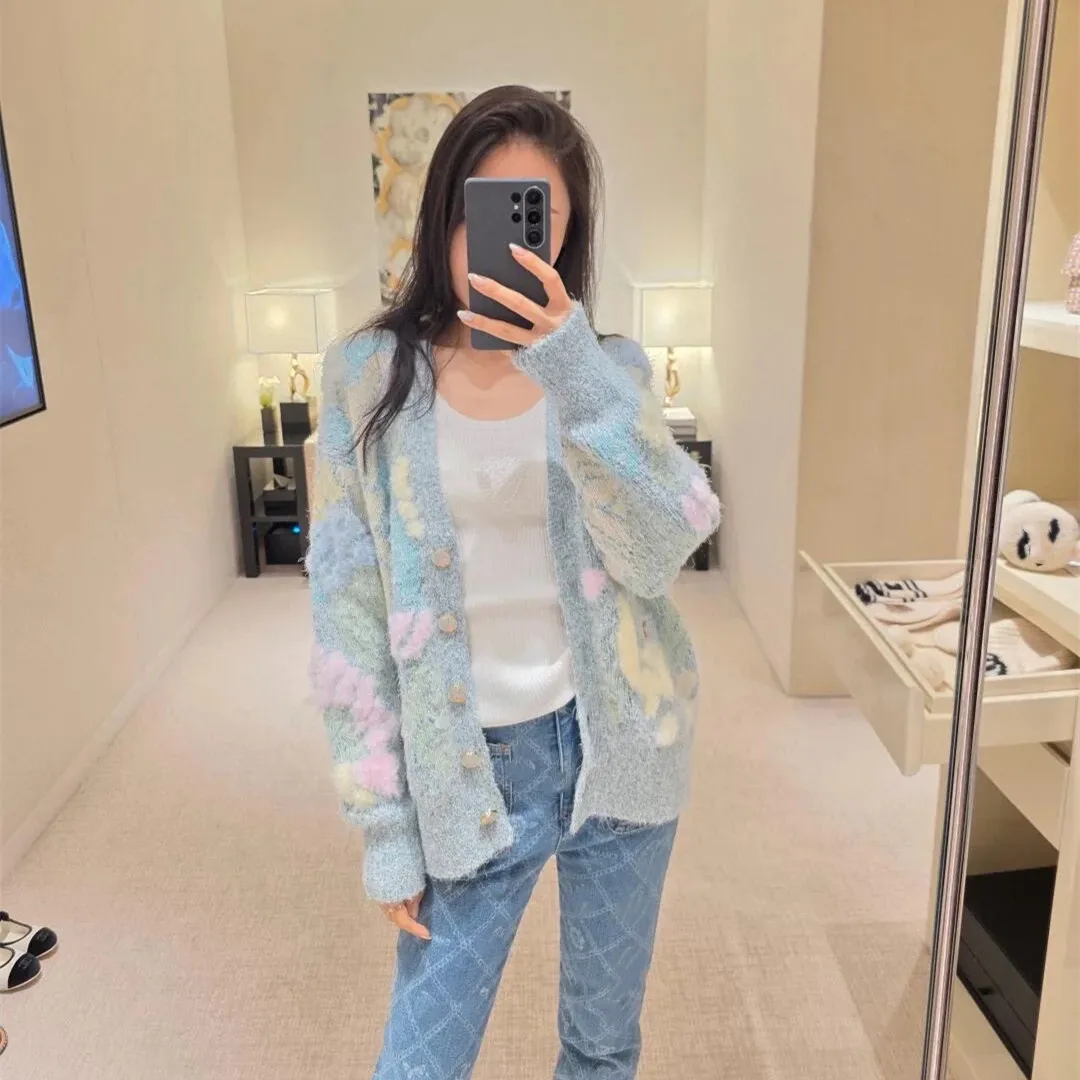 High-End European Sle Autumn Winter Floral Long Sve Knitted Sweater Coat Casual V-Ne Open Cardigan for Women