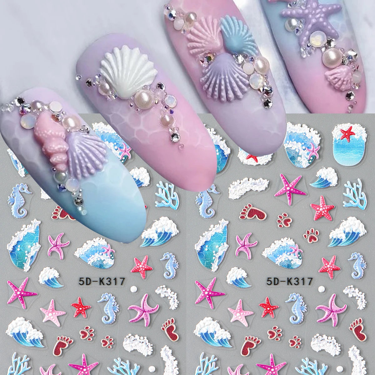 2pcs Summer Ocean Wave Beach 5D Nail Art Sticker Kawaii Sea Shell Starfish Self Adhesive Sliders Holiday Nail Decals Decorations