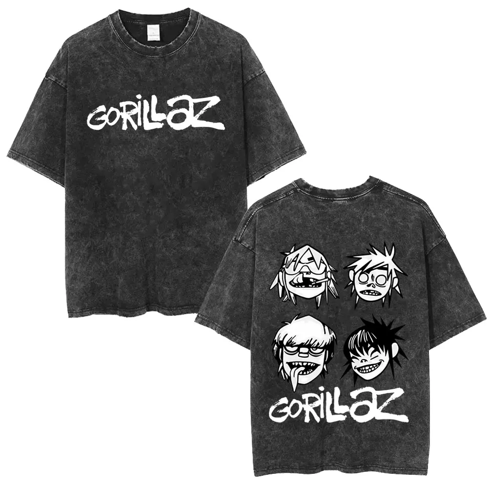 

Washed Vintage Rock Band Gorillaz Graphic T-shirt Men Women Clothing Hip Hop Fashion Oversized T Shirts Men's Retro Streetwear