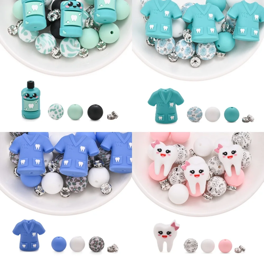 

15/75 шт. силиконовые бусины с тематикой стоматологии, 15 мм, круглые, с принтом, для изготовления цепочек для сосок, украшений и аксессуаров своими руками