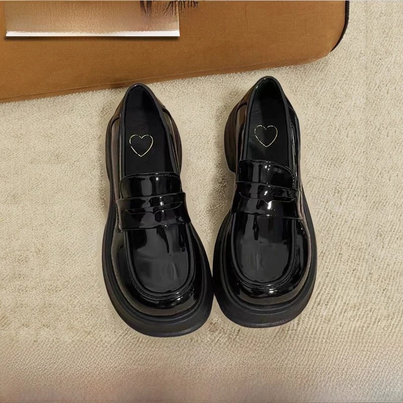 Black round Head College Style Women's Loafers Thick Bottom Heightening Spring Autumn One Step JK Flats Fashion Single Shoes