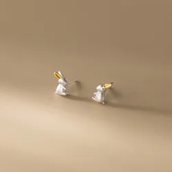 Real 925 Sterling Silver Cute White Rabbit Stud Earrings for Student Girls Women's Fashion Jewelry