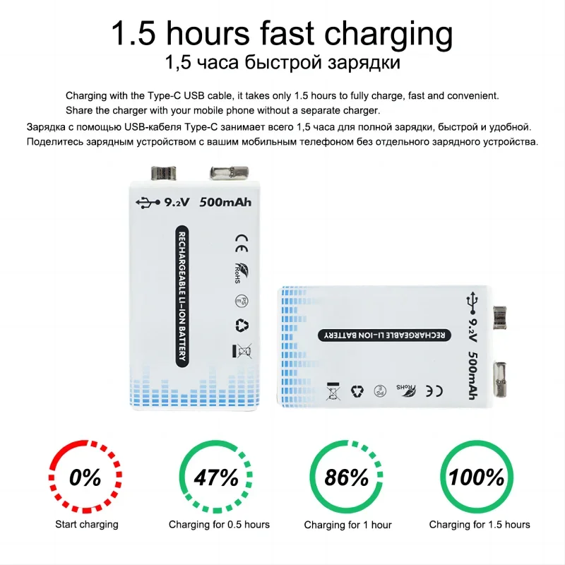 HORMMAR 9V 6F22 Rechargeable Battery 500mAh Low Self-discharge Lithium-ion Batteries for Smoke Alarm Multimeter Massager Toy