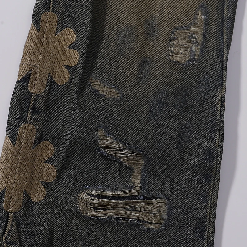 LOST SHADOWS JEANS New American Retro Do Old Wash Hole กางเกงยีนส์ทรงหลวมตรงปักดอกไม้โลโก้ผู้ชายสตรีทแวร์