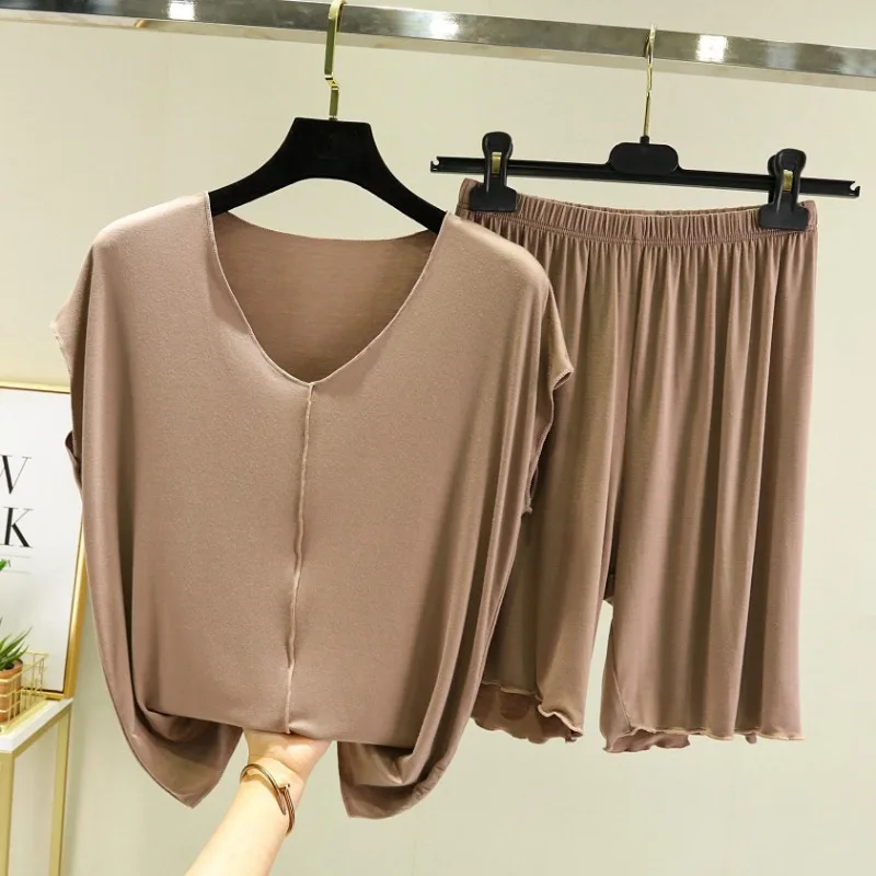 Modal Short-sleeved Suit Female in The Summer Loose Fallow Sleeveless T-shirt Base Shirt At Home Shorts and Pajamas Two-piece