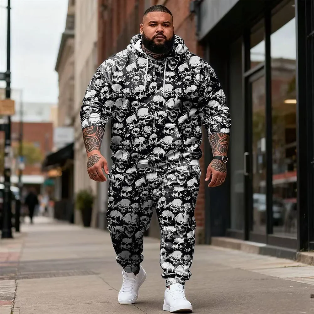 Men's Plus Size Hoodie and Jogger Pants Set, Allover Overlapping Skull Prints for Gothic Outfits and Halloween Parties S-9XL
