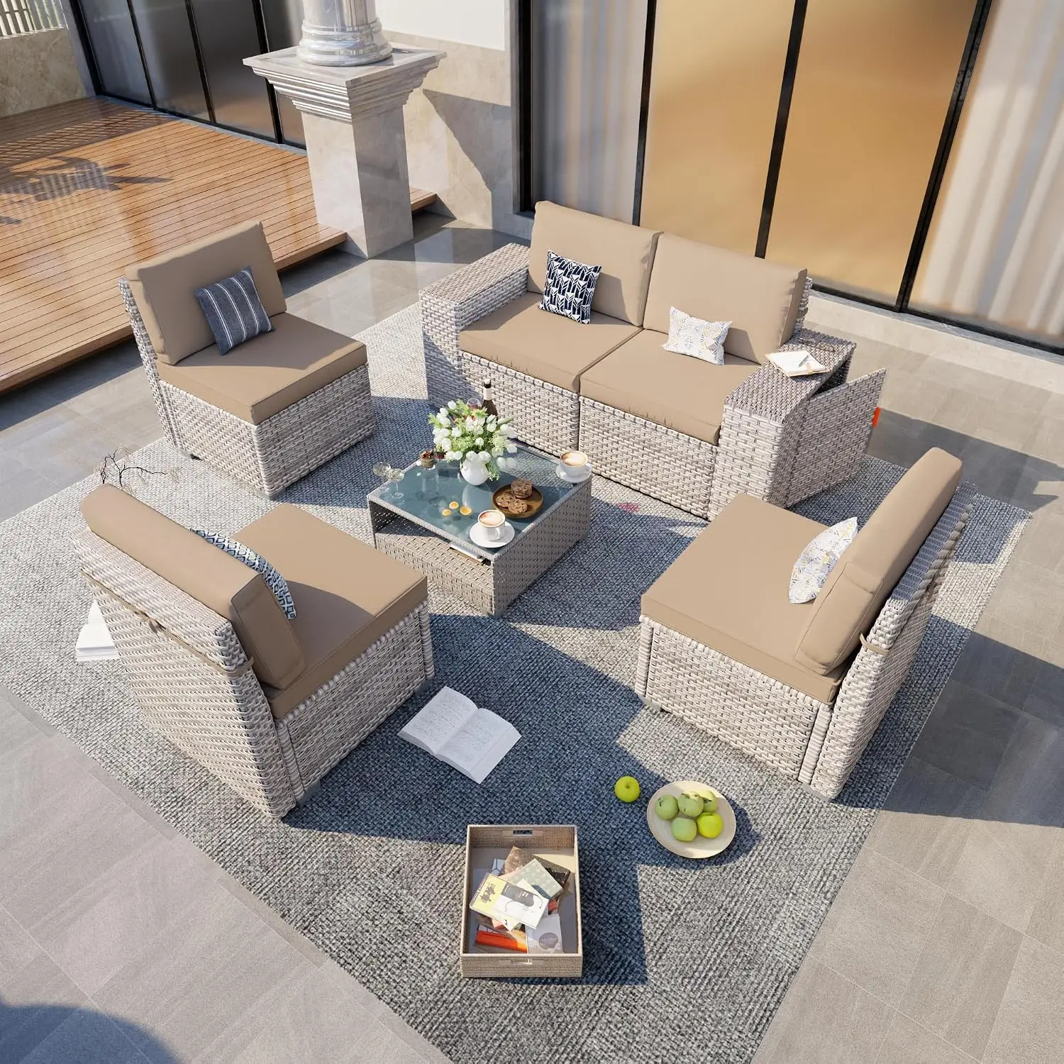 6-Piece Patio Furniture Set, Outdoor Extra Wide Armrest Modular Patio Sofa, Dual-Strand Rattan Wicker,, Customized