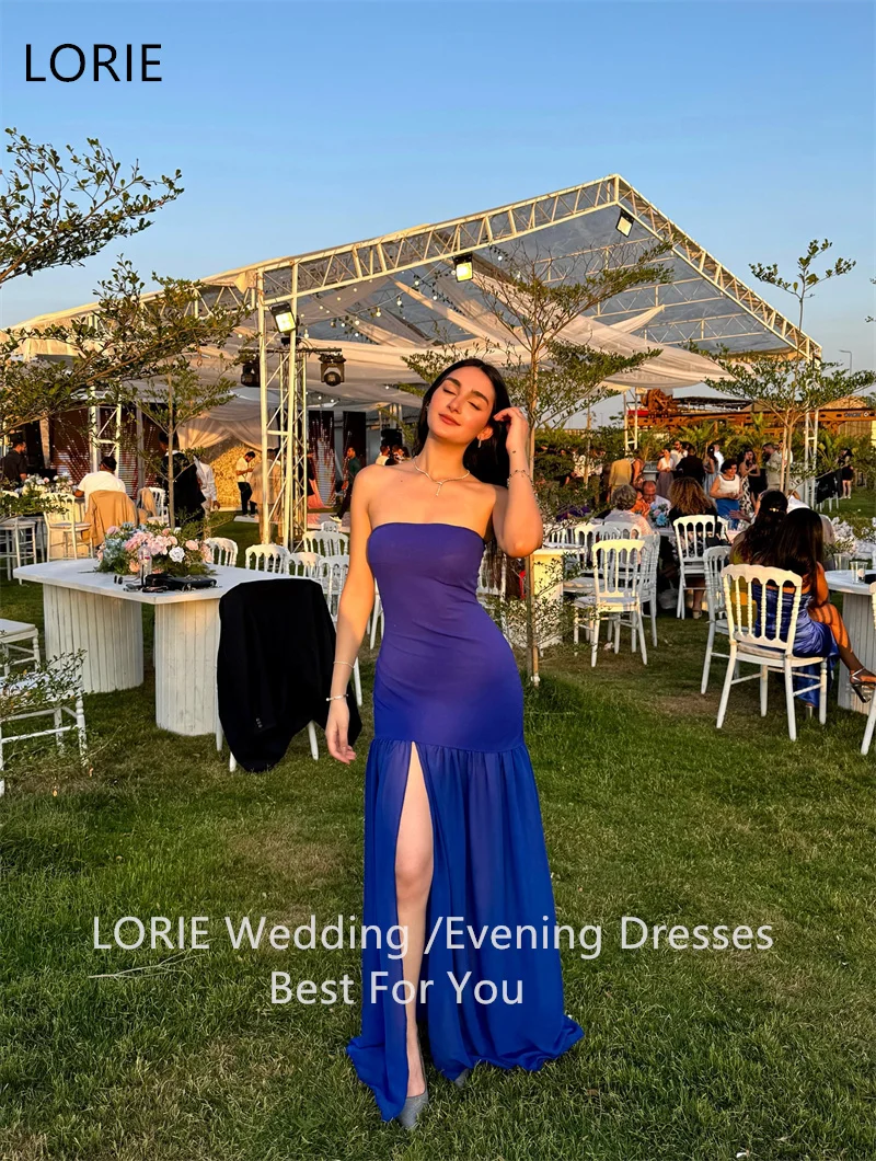 فساتين سهرة بحورية البحر باللون الأزرق الملكي من LORIE ثنيات بدون حمالات وفتحة جانبية للحفلات أنيقة بطول الأرض فساتين حفلات مخصصة