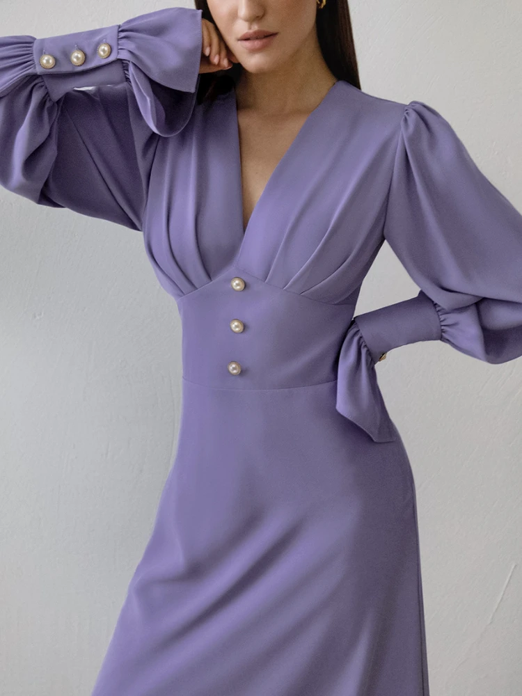 2024 Spring Summer Mew V-Neck Solid Color Elegant Dress Lantern Long Sleeve High Waist Slim Fit Chic Pearl Button Long Dress