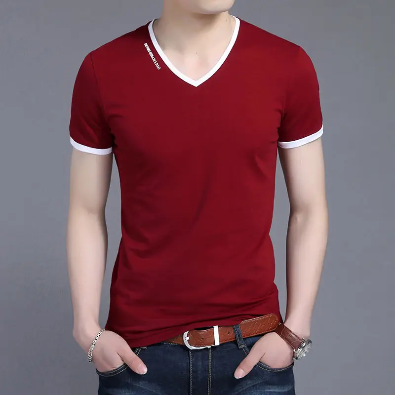 2024 New Summer Casual Minimalist V-neck Color Block Letter Print Slim Fit Fashion Versatile Short Sleeved Thin T-shirt for Men