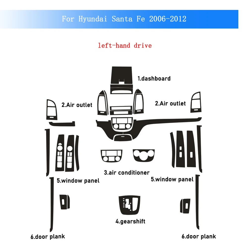 

Наклейка из карбонового волокна для Hyundai Santa Fe 2006-2012: пленка для интерьера, центральной консоли, приборной панели, дверных ручек, панели управления климат-контролем