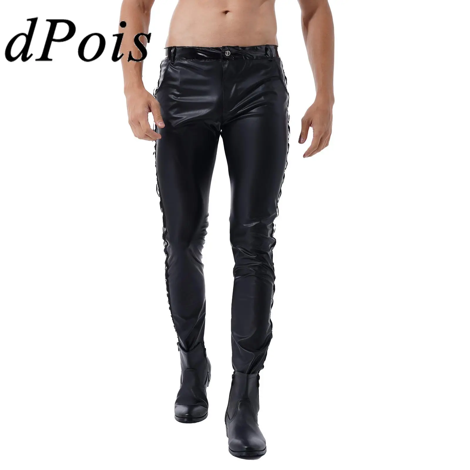 Fashion Men Latex Leather Pants Low Waist Faux Leather Shiny Pants Tight Trousers for Club Bar Stage Show Rock Band Performance