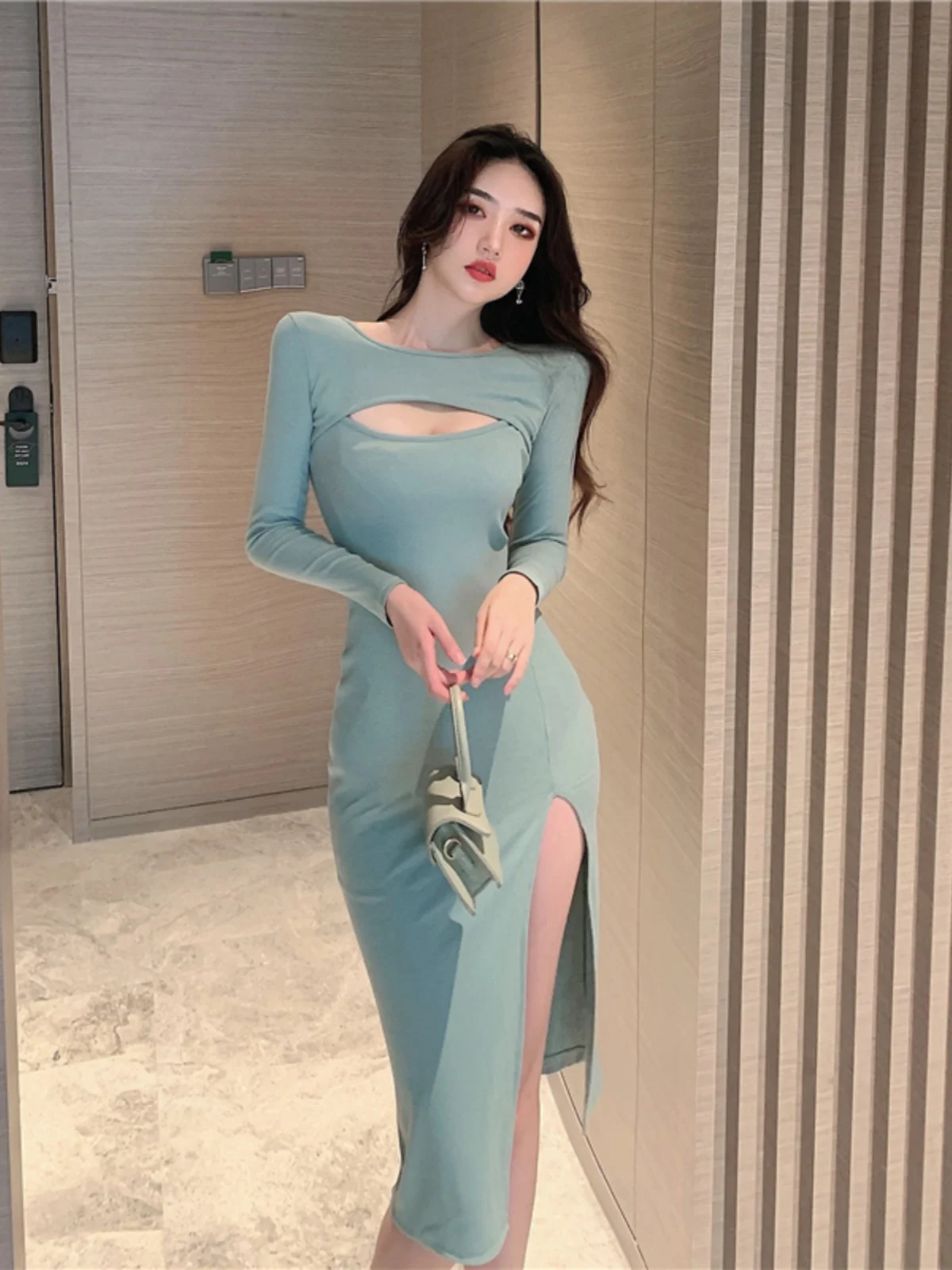 Elegant Spicy Girl Hollow out Chest Dress Women's Autumn New Design Sensation Open Split Slimming Wrap around Mid-Length Skirt