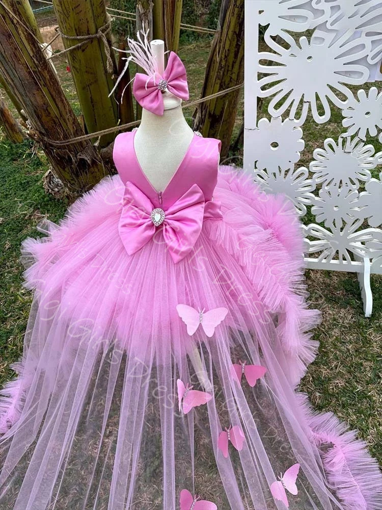 Vestido de cumpleaños para niñas, color rosa intenso, con tren desmontable, mariposa 3D, tul escalonado, vestido de princesa con flores para niñas, vestido de baile personalizado con cuentas