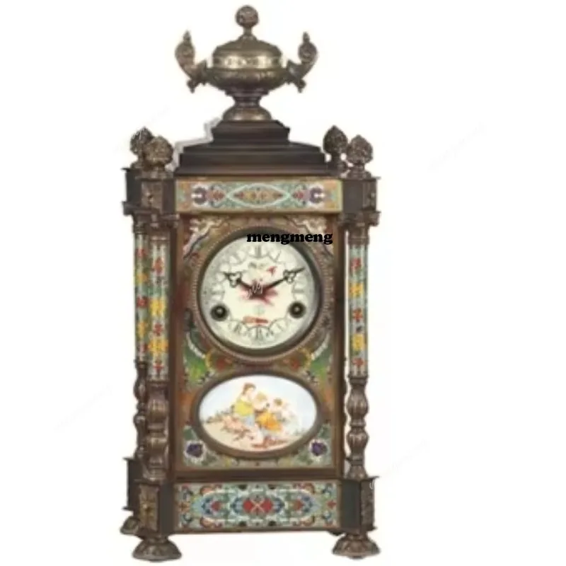 Antique pavilion building China enamel brass mantel box imitation Forbidden City court watch fireplace table clock