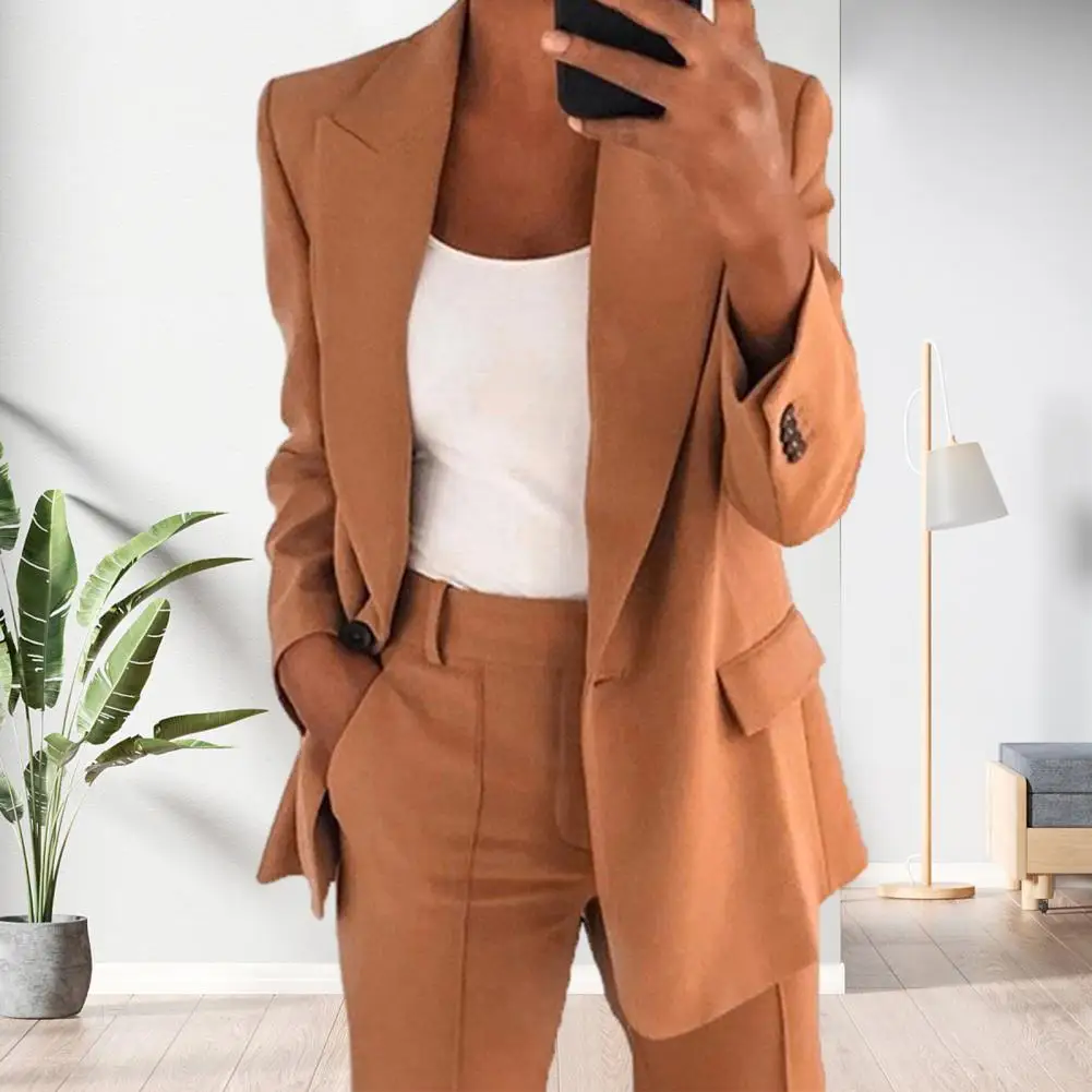 2 Pcs/Set Women Lapel Long Sleeve Blazer High Waist Straight Wide Leg Long Pants Set One Button Pockets Solid Color Work Suit