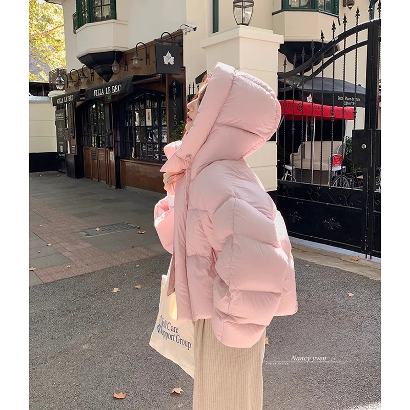 2024 Winter Women Jacket Short Hooded Down Jacket  Coat Korean Fashion Thick Warm Parkas Loose White Duck Pink Outwear