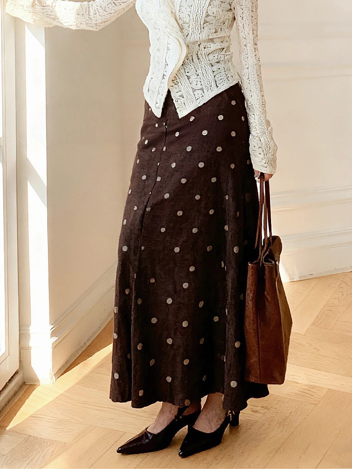 

Susu Home Embroidered Polka Dot Coffee A-Line Skirt Autumn Winter New Sle Casual High Waist Polyester Cotton Blend Skirt