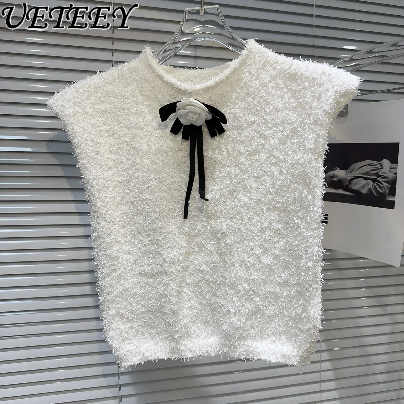 Spring and Autumn New Pin Soft Sticky Plush Sweet Knitted Sweater Vest Sweet Girl Solid Color Sleeveless Short Tank Tops