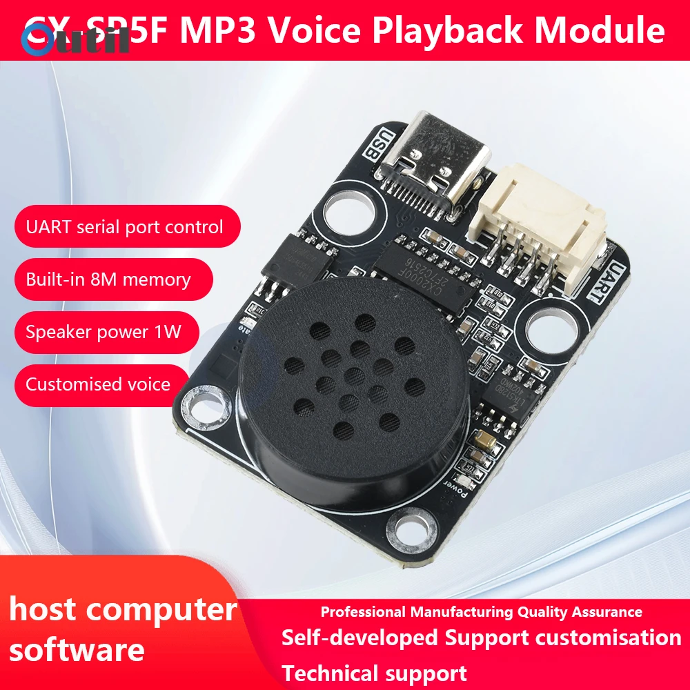 DC 3.3-5V MP3 Voice Playback Module MP3 Intelligent Voice Broadcast UART Serial Port Control 8M Memory Type-C For Arduino
