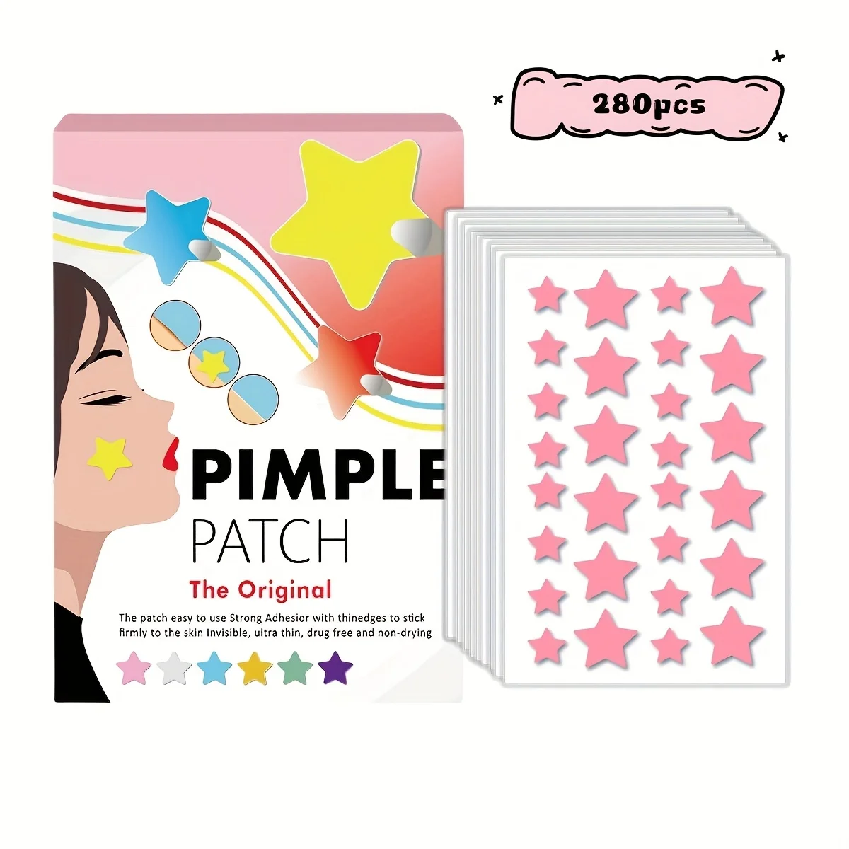 280 pieces of multi-color star acne patches, facial acne patches, concealer acne patches, and pimples patches, ultra-thin