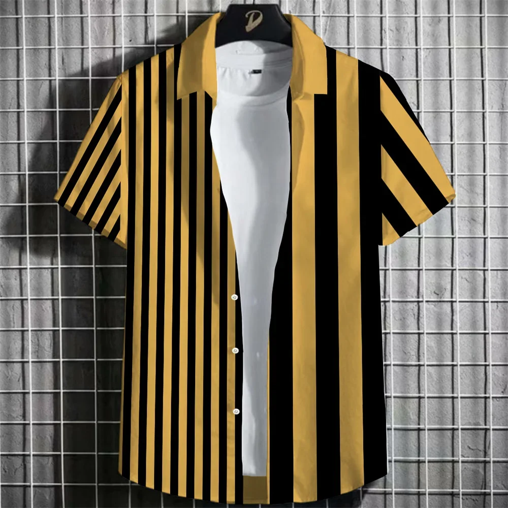 Men Short Sleeve Lapel Shirt 3d Printed Navy White Vertical Stripe Polyester Fiber Casual Shirt