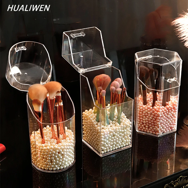 Acrylic Makeup Brush Holder Makeup Organizer Cosmetic Holder Pencil Lipstick Desk Container Table Transparent Makeup Storage Box