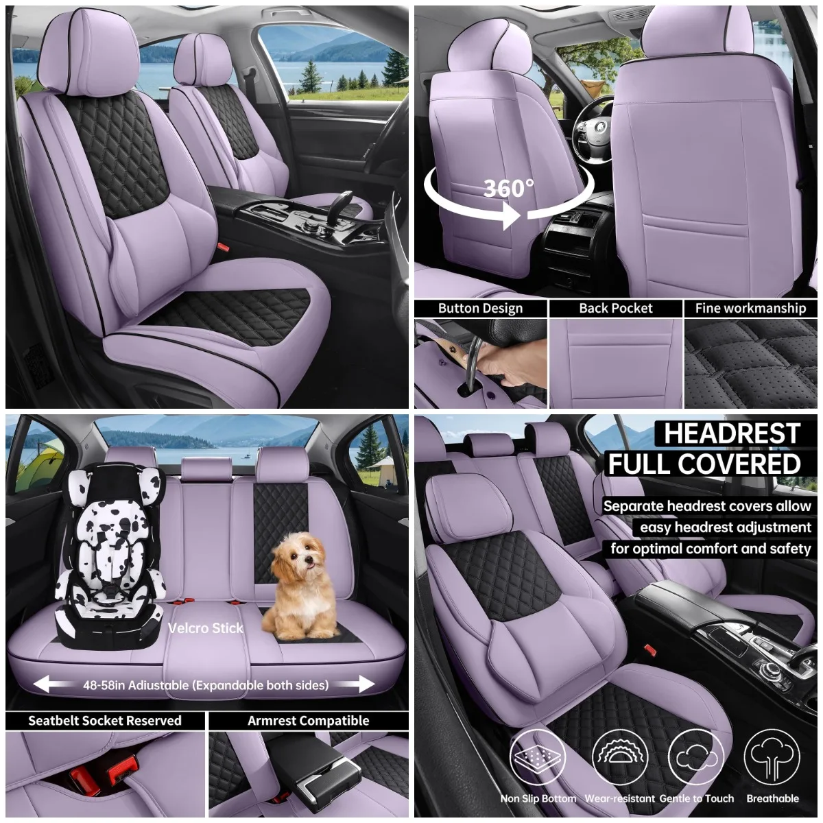 

Car Seat Covers, Luxury Faux Leather Waterproof Non-Slip Universal Fit for Cars SUVs Trucks - Full Set (Lavender Pink Black)