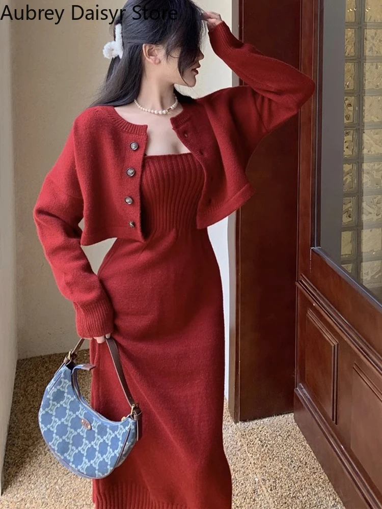 Elegant Red Knitting Dress Women Korean Fashion Office Lady Two Piece Dress Female Winter Warm Casual Christmas Party Dress 2023