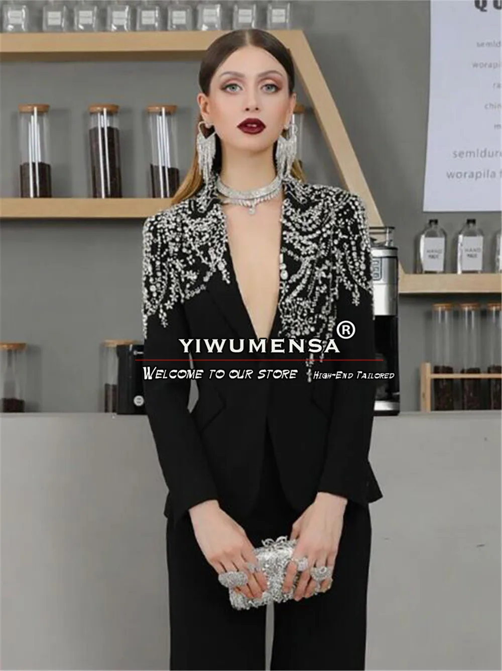 Luxury Black Women Suits Formal Party Mother Of Bride Dress Custom Made Sliver Stone Beaded Jacket Pants 2 Pieces Ladies Blazers