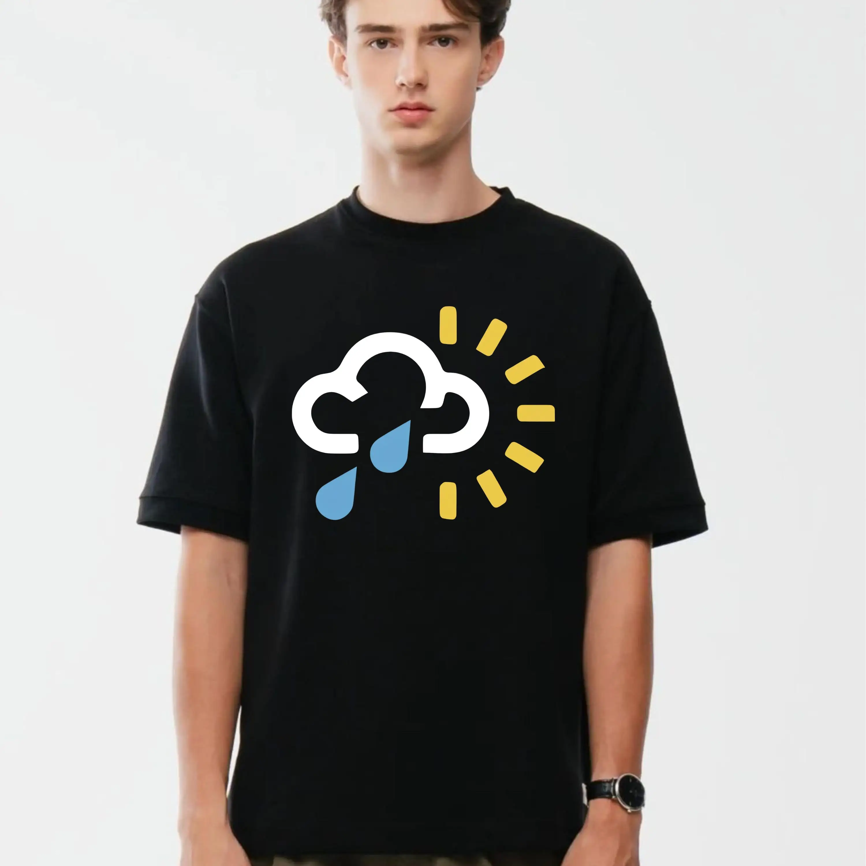 Retro Weather Forecast Pattern T-shirt - Meteorologist Minimalist Style - Rain Clouds and Sun - Suitable for Both Men and Women