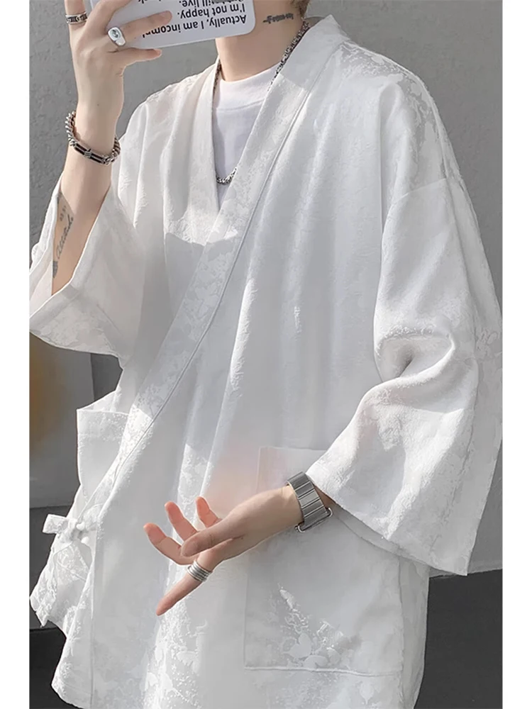 

New Chinese Style Ice Silk Men's Shirt Half Sleeve Embroidered Cardigan Taoist Robe Thin Summer Fashionable Breathable Casual
