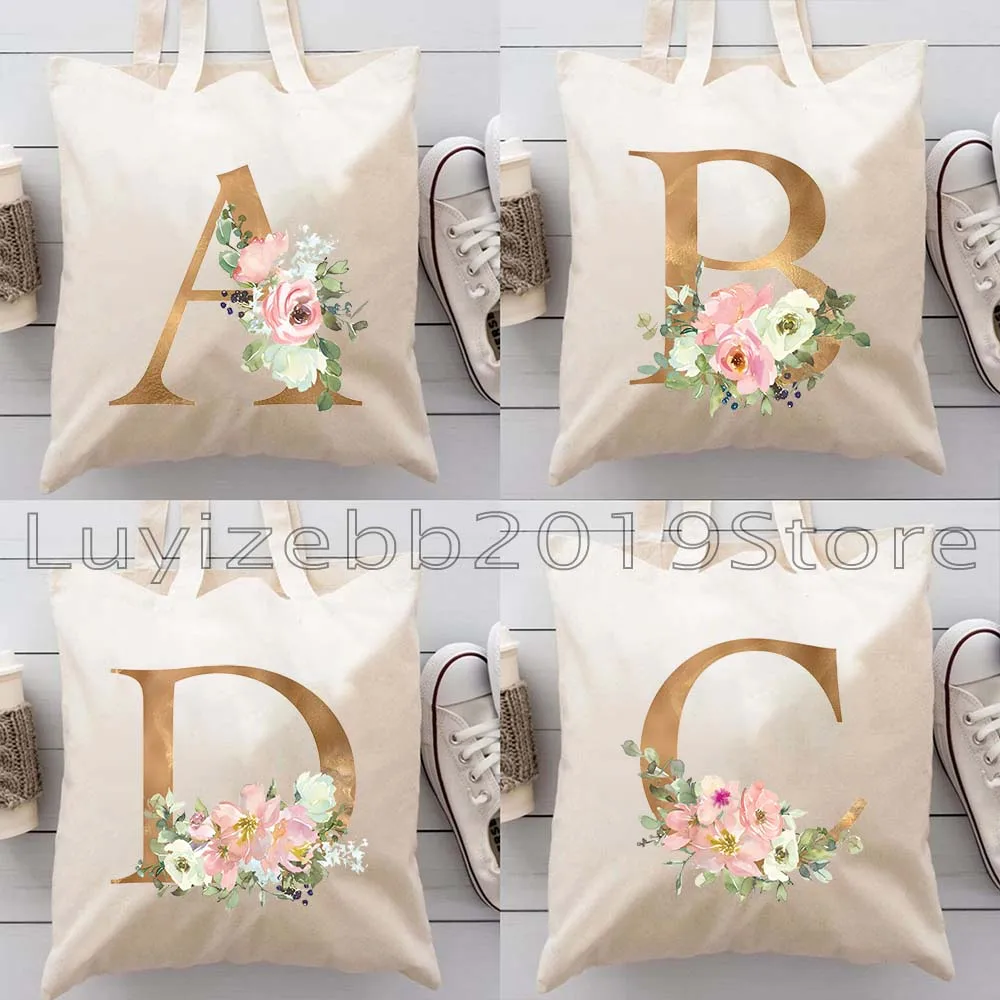 

Большая холщовая сумка-тоут с золотым цветочным монограммным инициалом и буквой английского алфавита, с цветами, для свадебных подарков, забавная, на плечо, ручная сумка