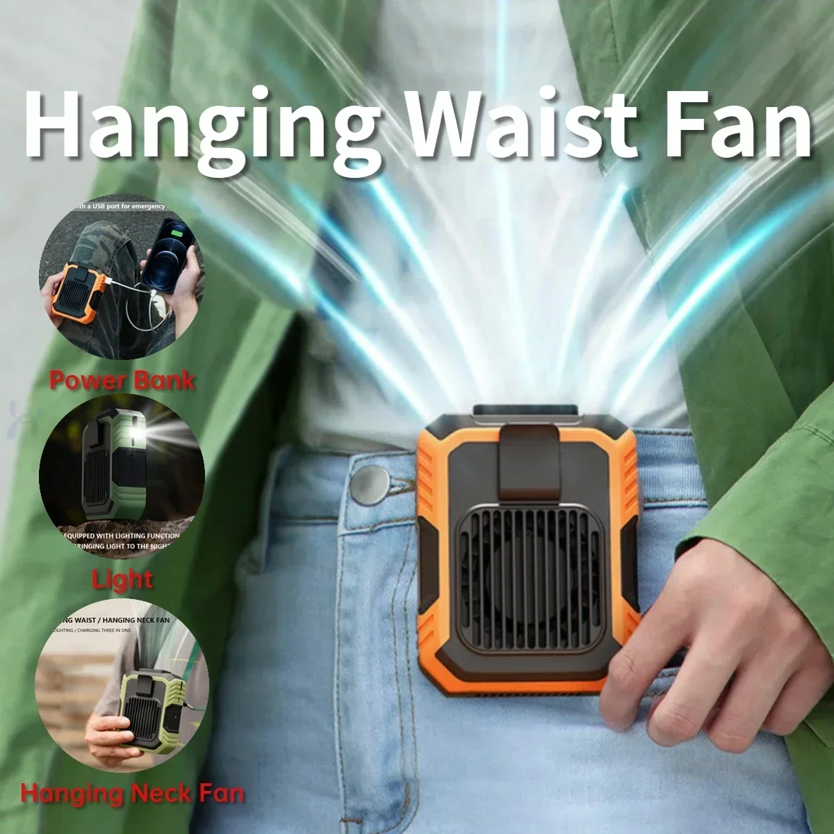 

4000mAh Portable Mini Waist Fan Wearable Personal Fan 3 Speed USB Rechargeable Waist Clip Fan Emergency Mobile Power for Outdoor