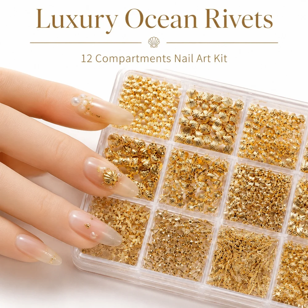 12 Compartment Sea Theme Nail Metal Charms Kit Free Tweezers Conch Seashell Starfish Alloy Nail Studs Salon Manicure Supplies