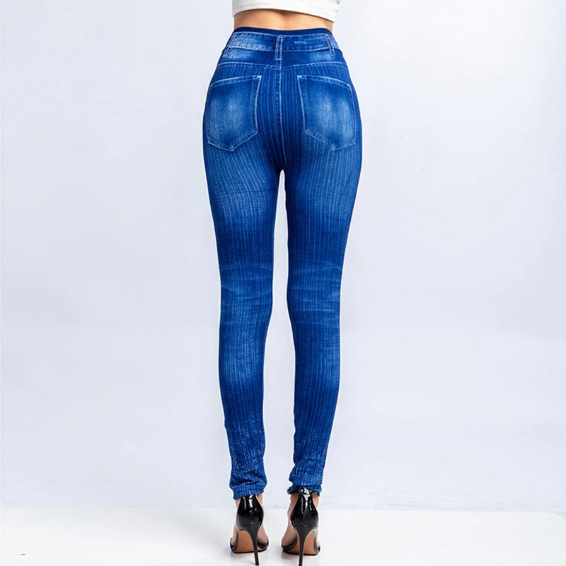 Mulheres imitação jeans leggings impresso falso denim jeggings fitness de alta elasticidade magro recortado bunda elevador calças magras streetwear