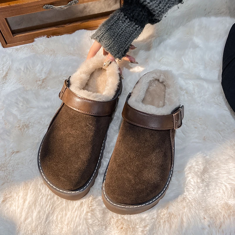 Fur Suede Slipper For Women Fashion Winter Slippers Cork Footbed Plush Short Plush Potato Shoes Outdoor zuecos mujer