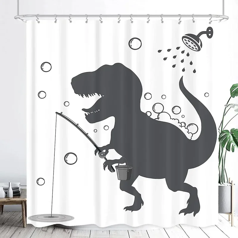 Dinosaur Funny Dino Kids Shower Curtains Bathroom Set Boys Animal Shadow Girls Cartoon Silhouette Black White Art Bathroom Decor