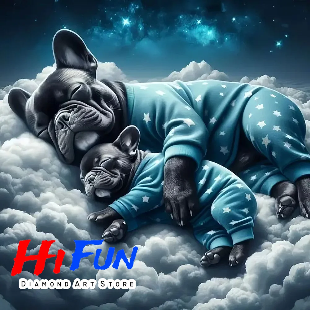 

Cross Stitch Kit Embroidery 5D DIY Diamond Painting Sleeping French Bulldog and Cub Diamond Mosaic Rhinestone Handmade Decor