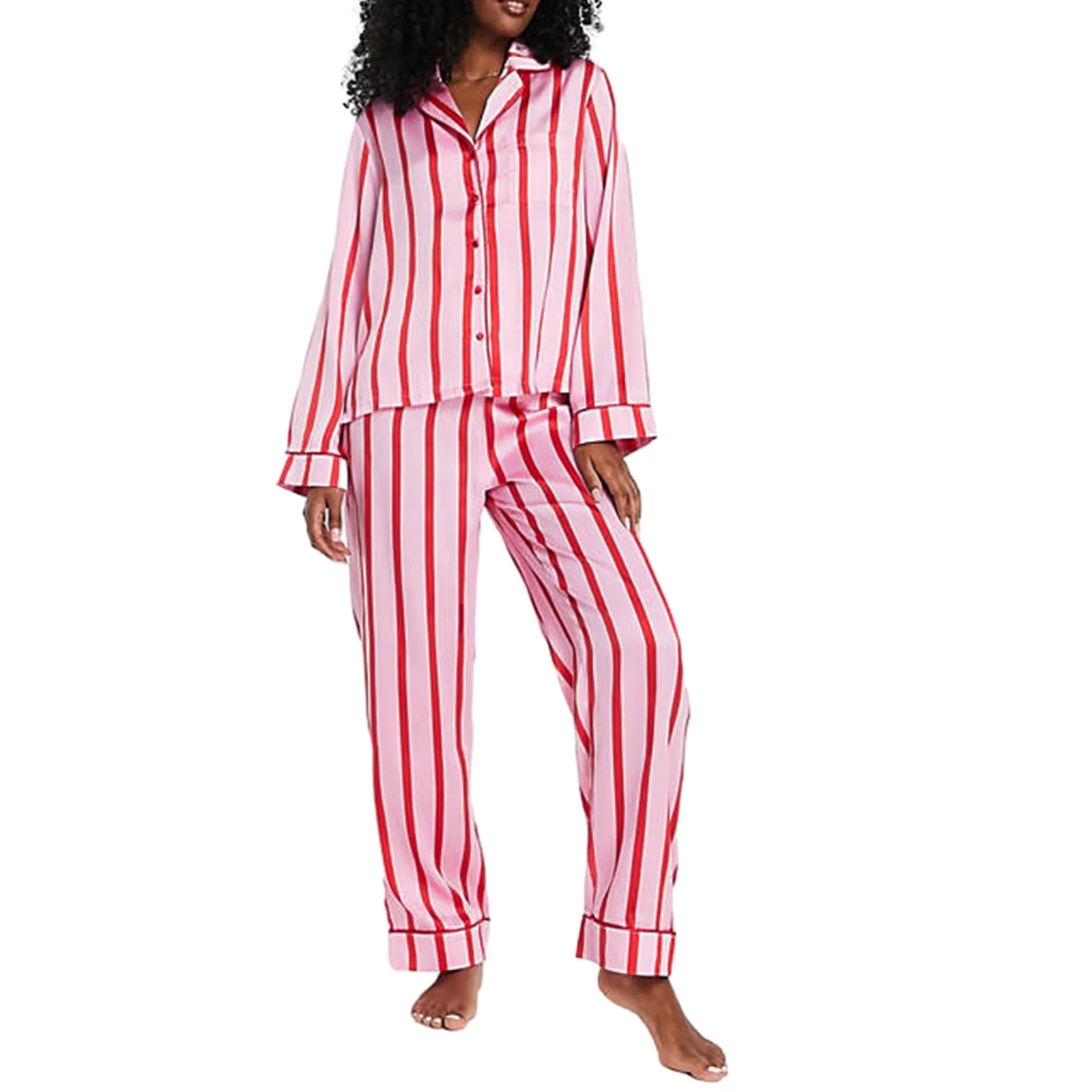 

Women 2 Piece Pajama Set Striped Print Long Sleeves Shirt and Elastic Pants for Loungewear Soft Sleepwear for Nightwear