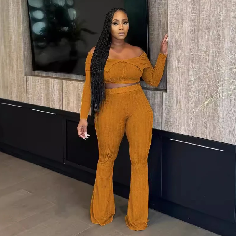 

Women Two Pieces Pant Sets Solid Set Long Sleeves Slash Neck Top Elastic Waist Slightly Flared Pants Slim Casual 2025 Autumn