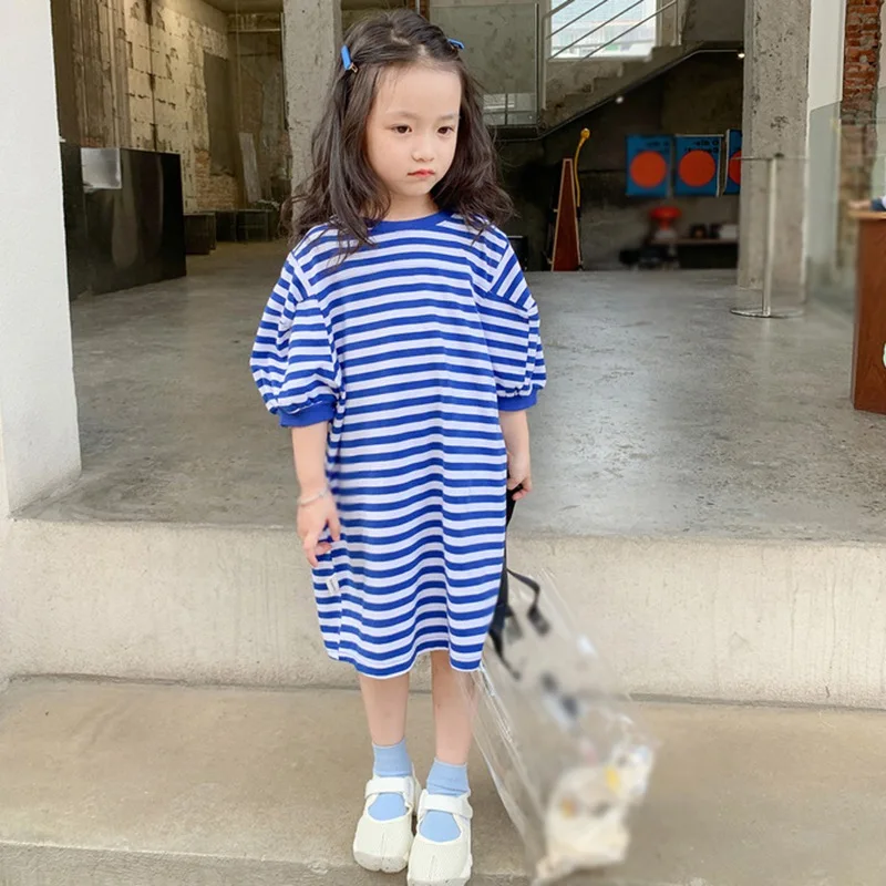 

Summer Toddler O-neck striped T-shirt Dress Long Length Pullover Tops Half Sleeve Casual Dress Chidlren Outfits 2-7Y