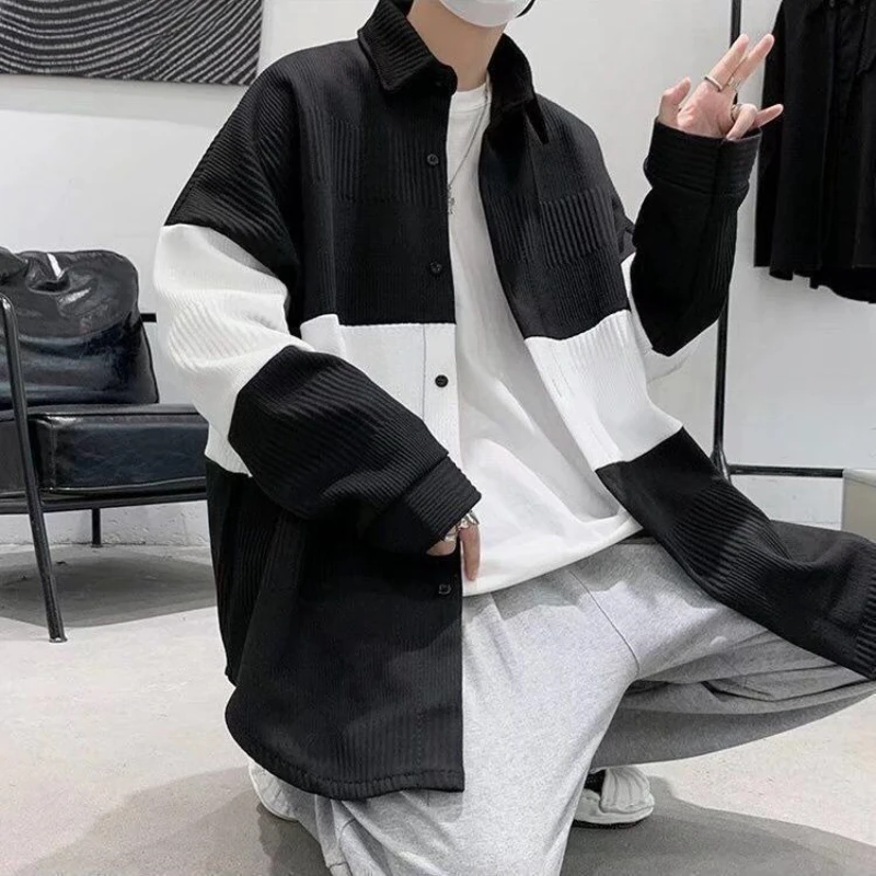 

Rebellious Men's Autumn Winter Jacket Hong Kong Inspired Loose Fit Knitwear Black White Contrasting Pattern Wool Blend Coat