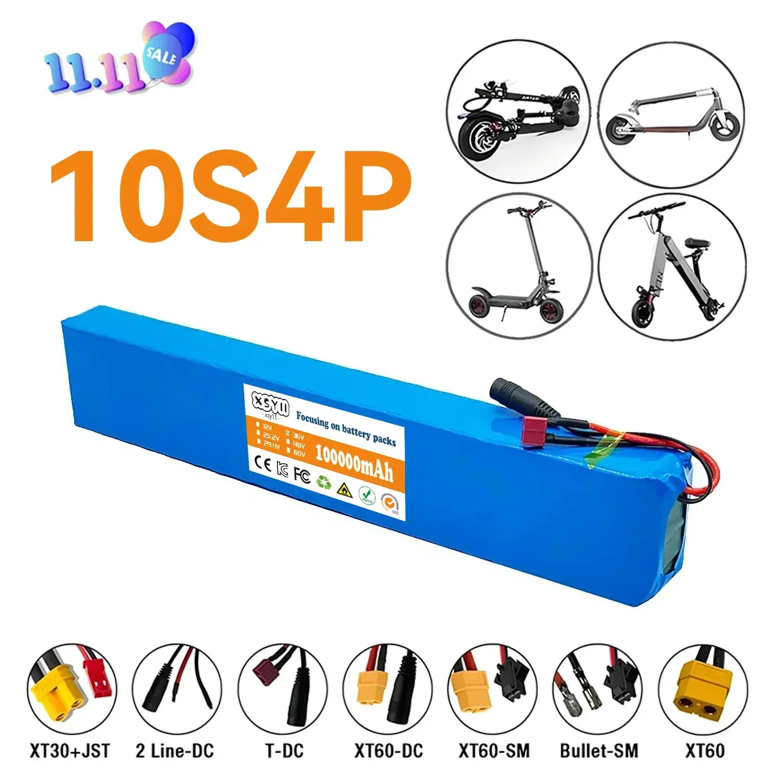 36V 100000mAh 100Ah 10S4P Electric Scooter Lithium Battery 18650 pack for 48v E-bike Bicycle Rechargeable BMS Protection Motor